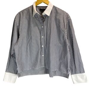 J.Crew Size 10 Navy White Stripe Button Down Shirt 100% Cotton High Low